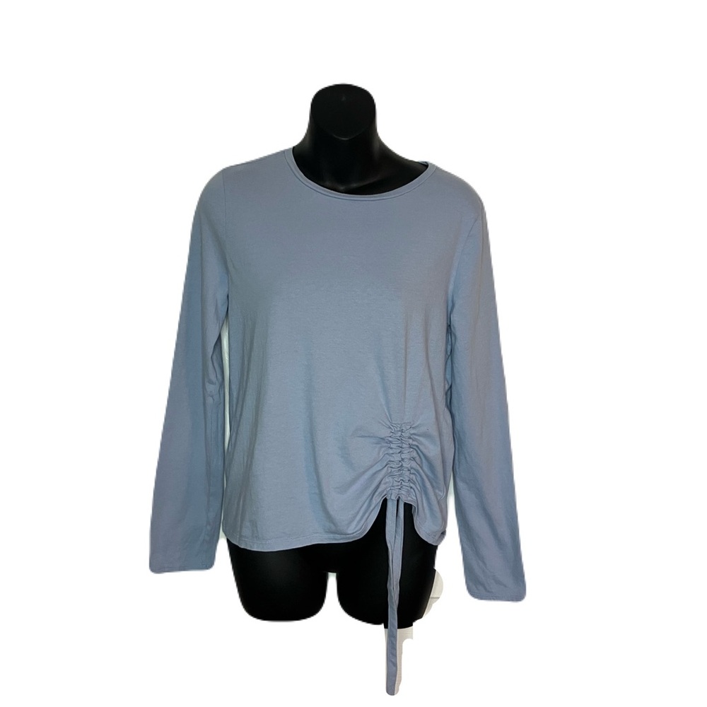 Ease of Motion Light Blue Long Round Neck Sleeve T-Shirt Top with Front Ruching.